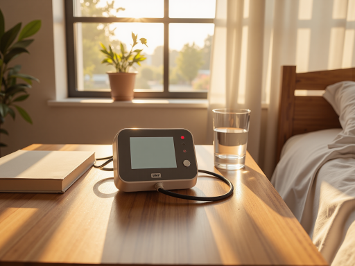 家用医疗器械展示,血压计血糖仪等设备整齐摆放,现代医疗背景