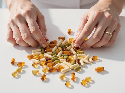 维生素及营养补充剂展示,多种维生素片剂和胶囊整齐摆放,包装精美